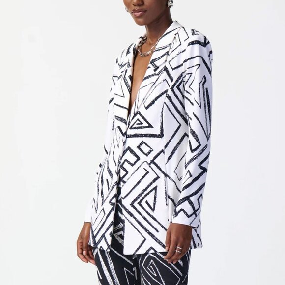 NWT NEW Joseph Ribkoff White Navy Geometric Print Blazer Size 16 - Picture 2 of 7